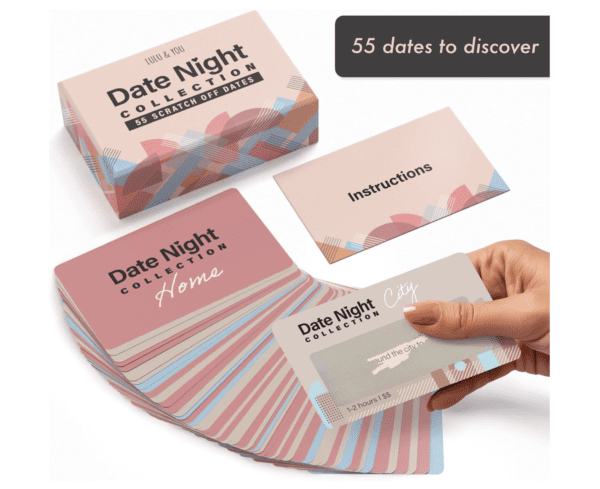 A person holding up a card with the date night collection on it.